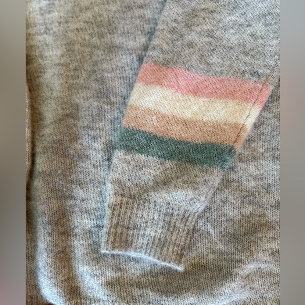 Sundry Light Gray V-Neck Sweater with Pastel Stripe Sleeve - Picture 5 of 9